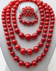 Obraz premium A red coral bead necklace and ring jewelry set in plain white background