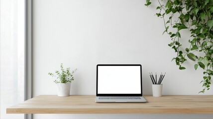 Minimalist desk setup with laptop, plants, and pencils on a wooden table against a white wall.