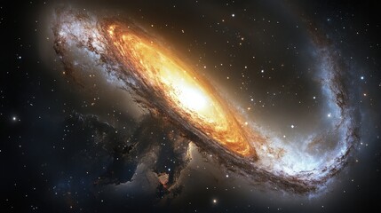 Fototapeta premium A stunning view of a galactic collision, with two massive galaxies merging in a cosmic dance.