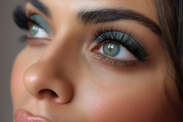 Fototapeta premium Smokey teal eyeshadow with blue eyes mink eyelashes closeup.