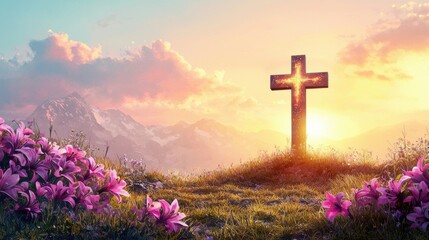 A majestic wooden cross stands silhouetted against a breathtaking Easter sunrise over majestic snow capped mountains, surrounded by vibrant pink lilies signifying hope and
