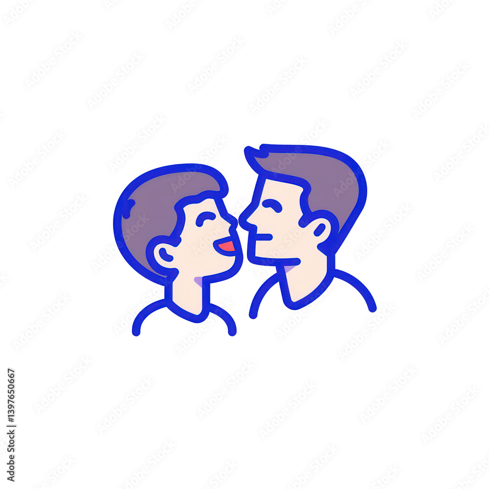 Poster two cartoon characters, smiling and looking at each other, expressing joy and connection, designed w