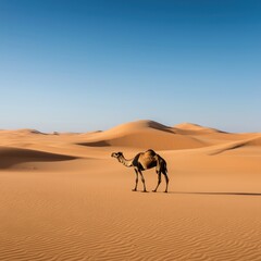 Fototapeta premium Majestic camel walking through vast desert dunes nature landscape serene environment captured from ground level