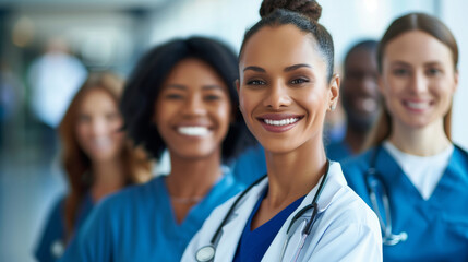 portrait of a diverse group of medical team, smiling female doctors