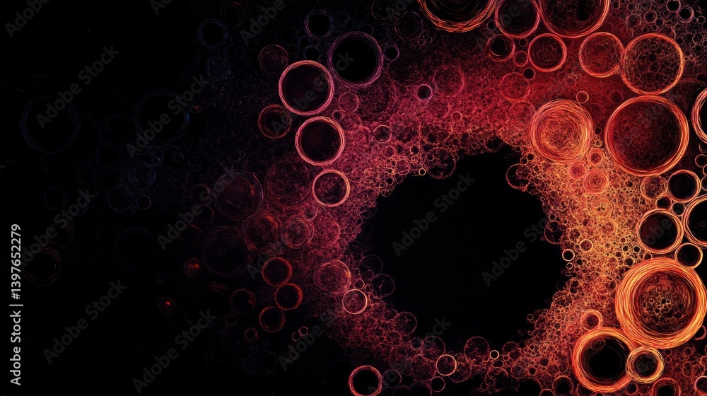 Poster abstract artwork featuring many red and orange overlapping circle shapes