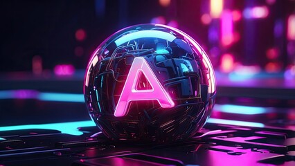 A glowing orb with the letters AI illuminated in bright red and white sits atop a circuit board pattern