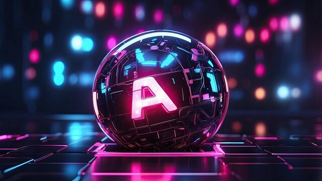 A glowing orb with the letters AI illuminated in bright red and white sits atop a circuit board pattern