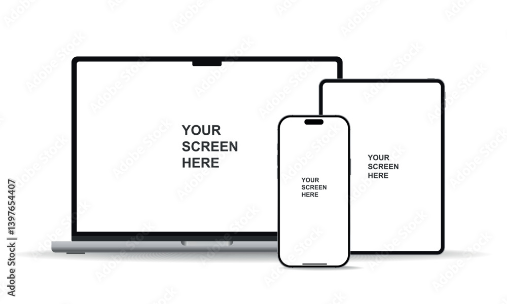 Poster modern laptop mockup front view, smartphone and tablet mockup isolated on white background. notebook