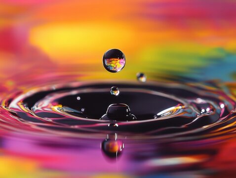 Oil droplets on water abstract macro photography with colorful reflections and ring light