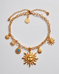 A sun pendant and charm bracelet jewelry set in plain white background