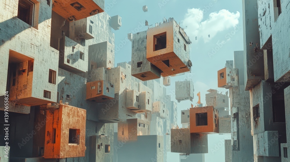 Poster a surreal abstract cityscape with impossible geometric structures floating in mid-air