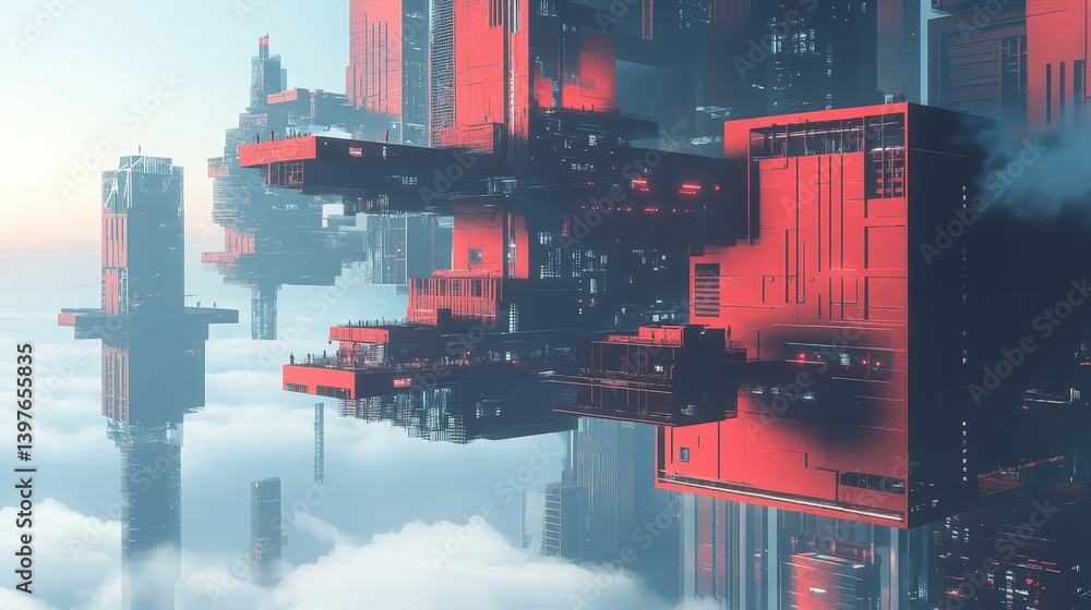 Poster a surreal abstract cityscape with impossible geometric structures floating in mid-air