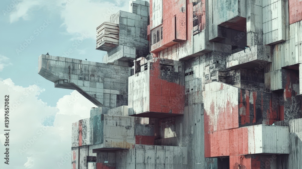 Poster a surreal deconstructed city where unfinished abstract buildings merge into impossible shapes.
