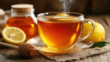 Hot Lemon Honey Tea on Wooden Table with Honey Jar