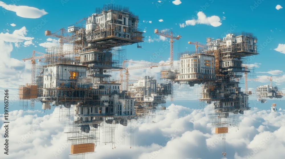 Poster a surreal floating construction site with interconnected scaffolding and incomplete buildings suspen