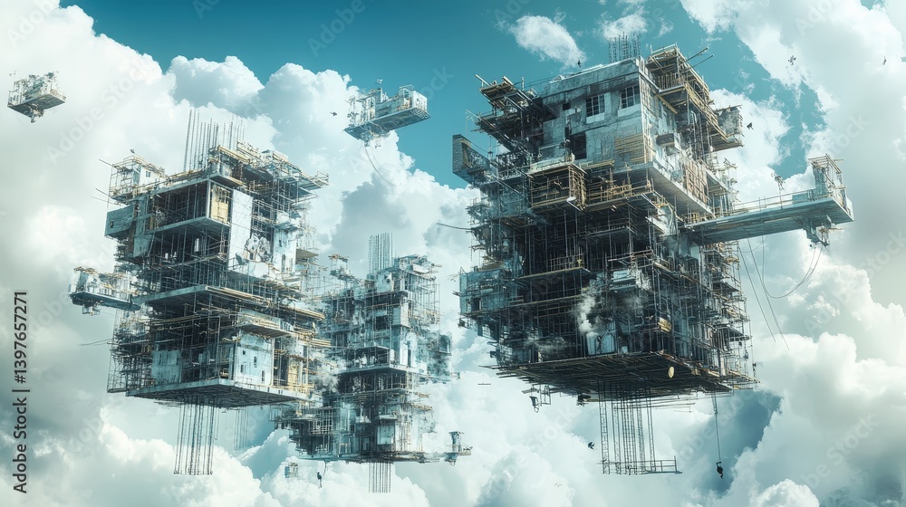 Poster a surreal floating construction site with interconnected scaffolding and incomplete buildings suspen