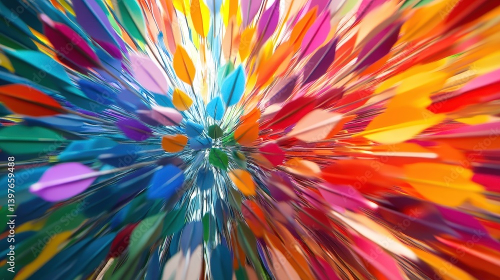 Poster a swarm of colorful arrows in motion, converging towards a single focal point