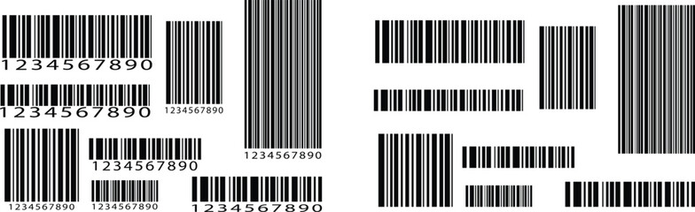 Barcode product distribution icon set. Vector collection isolated on transparent background. Business concept barcode pictogram. Bar code scan label for product price tag. Easily editable stroke.