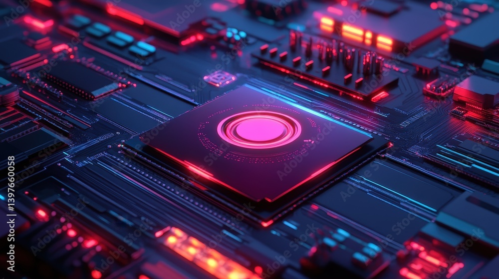 Poster a tech-inspired start button with a sleek design, surrounded by high-tech circuitry and neon lightin