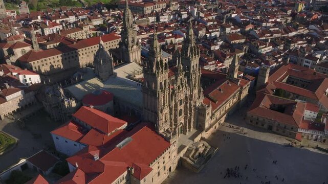 Aerial view of famous Cathedral of Santiago de Compostela. Travel destination of Camino de Santiago in Galicia, Spain.