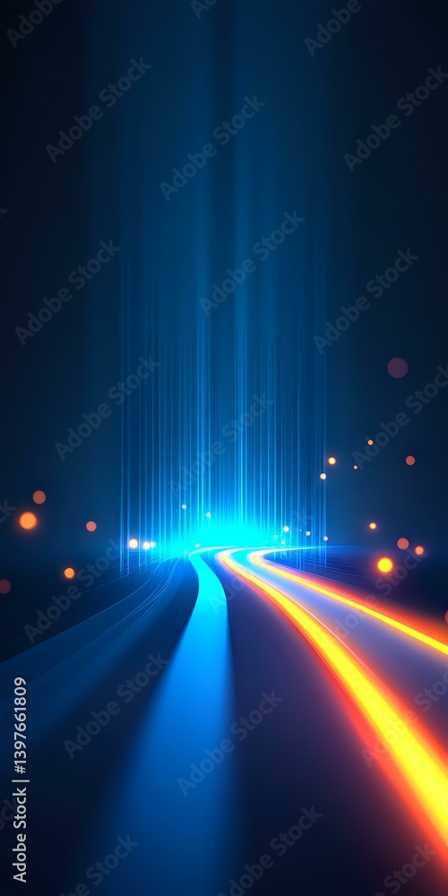 Poster glowing blue and orange light trails curve along dark path with rising light beams and bokeh effects