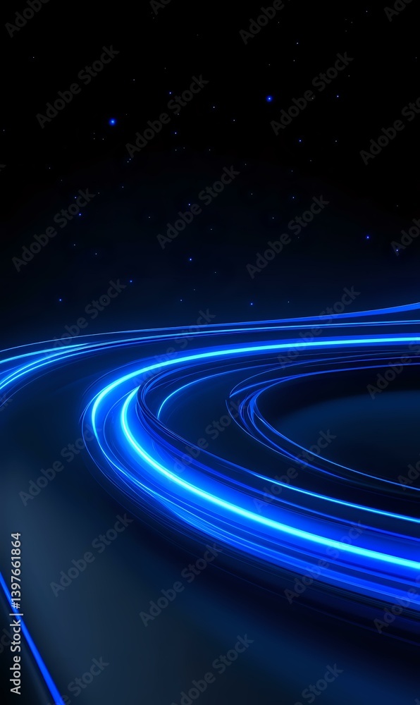 Poster glowing blue light trails curve through dark space creating dynamic motion paths against starry back