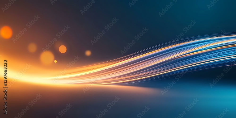 Poster Abstract light trails with glowing orange and blue waves flowing across dark background, creating dynamic motion effect and bokeh elements. Suitable for tech backgrounds.