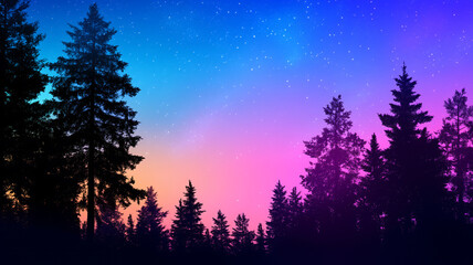 serene forest silhouette against vibrant twilight sky filled with stars, showcasing gradient of colors from blue to pink