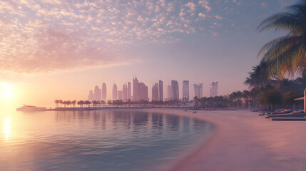 Obraz premium Sunset Beach with City Skyline