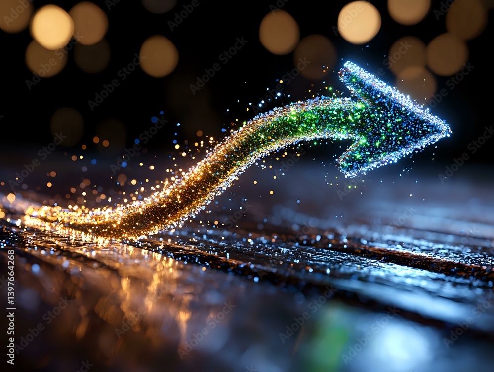 Poster magical glowing arrow made of sparkles and stardust rises from dark surface against blurred bokeh ba