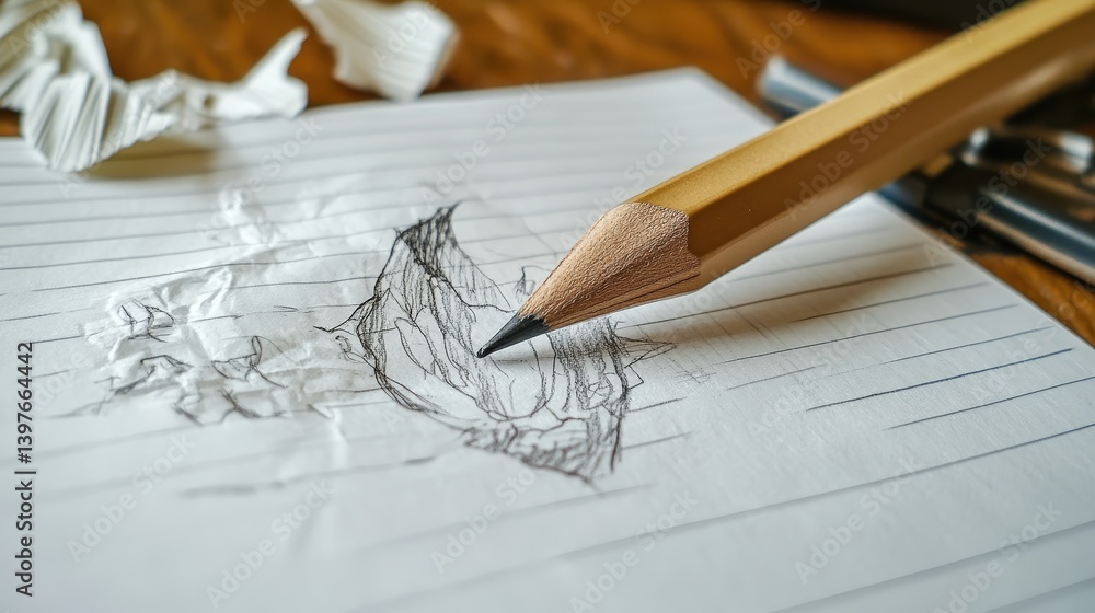 Poster a torn sheet of lined notebook paper with a pencil sketch of a creative design in progress.