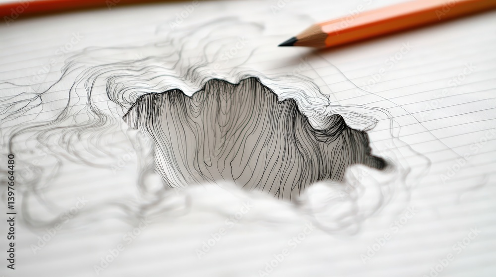 Poster a torn sheet of lined notebook paper with a pencil sketch of a creative design in progress.