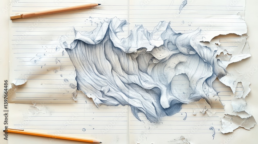 Poster a torn sheet of lined notebook paper with a pencil sketch of a creative design in progress.