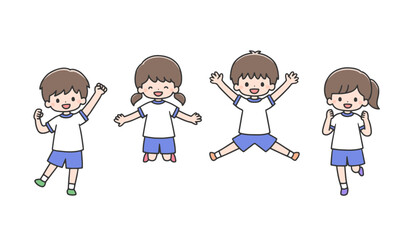 ジャンプする体操服の子どもたち