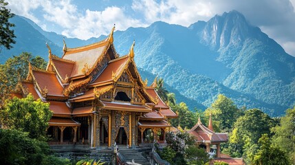 Fototapeta premium A traditional Asian temple with ornate rooftops and intricate carvings, standing against a mountainous backdrop