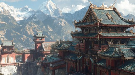Obraz premium A traditional Asian temple with ornate rooftops and intricate carvings, standing against a mountainous backdrop