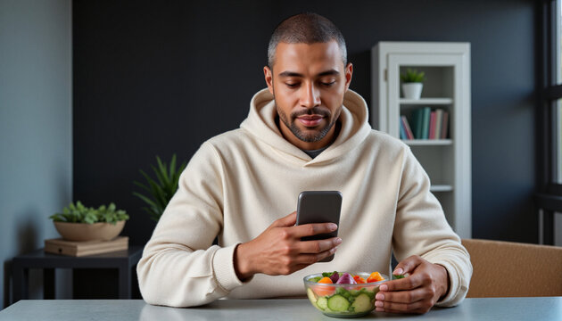 Young Black man in beige hoodie sitting at a desk and checking a nutrition app on a phone while holding a glass container with colorful lunch
