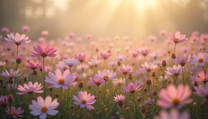 Blooming Pink Flowers in Field at Sunrise with Soft Sunlight