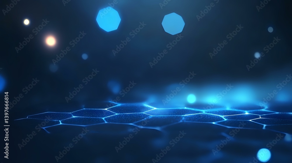 Poster digital network connections with glowing blue nodes and lines forming abstract technological landsca