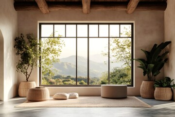 Fototapeta premium Empty yoga room with plants, cushions and mountain view