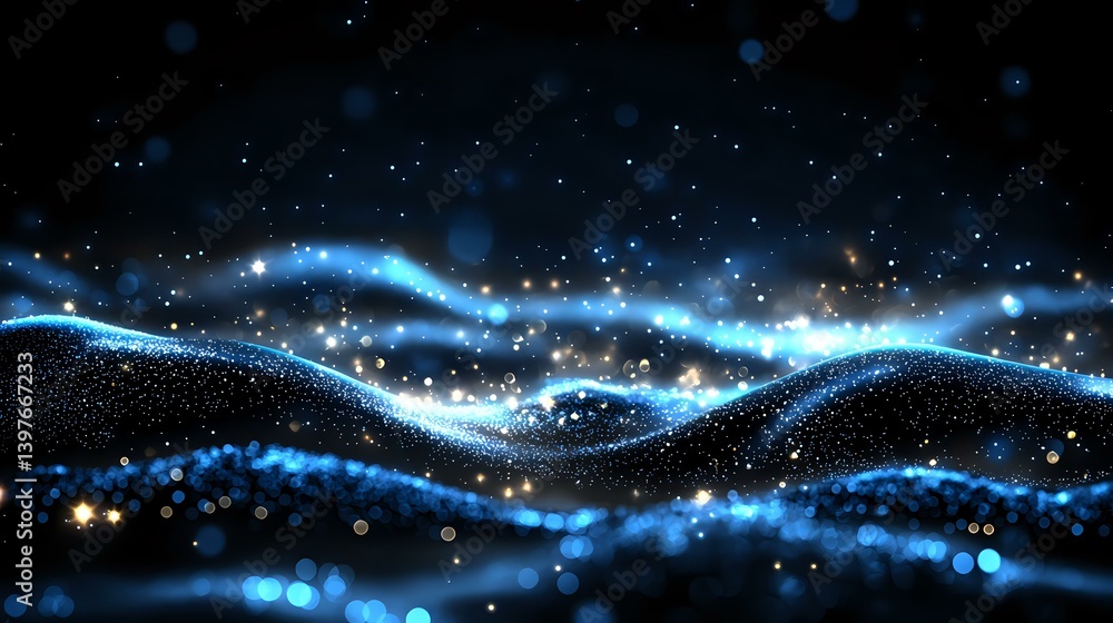 Poster glowing blue waves of light and particles flow across dark background creating magical ethereal effe