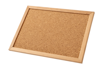 Cork board with wooden frame for notes and reminders on transparent background