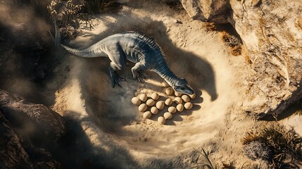 A scenic view of a dinosaur guarding its nest filled with eggs on a rocky terrain, showcasing natural elements and the protective instinct of the creature