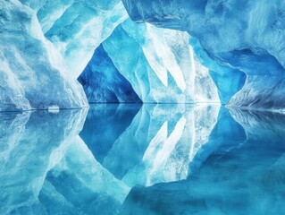 Obraz premium Crystal cave reflected in still water with soft blue lighting and negative space left