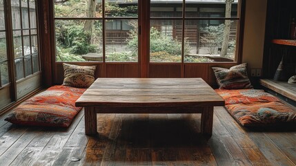 Japanese traditional room with wooden table and cushions, garden view, autumn