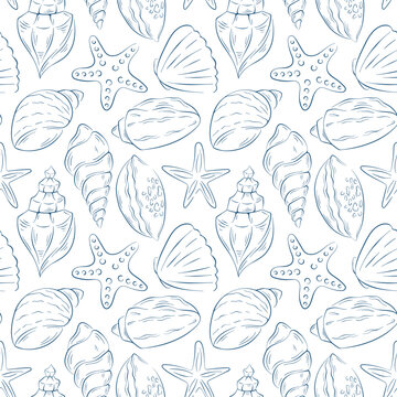 Seamless pattern with hand drawn seashell and starfish in line art style. Perfect for beach themed design, ocean print, summer decor, marine, coastal style wrapping paper, fabric on white background.