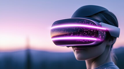 Futuristic workspace featuring curved monitor and VR headset in sleek minimalist design promoting digital tourism innovation