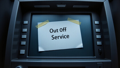 ATM machine with an “Out of Service” sign taped across the screen