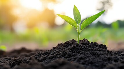 Young green plant sprouting from soil with sunlit background, symbolizing growth and new beginnings in nature.