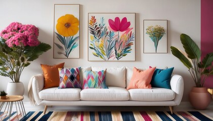 Bright and cozy living room with a modern white sofa adorned with colorful cushions and throw blankets